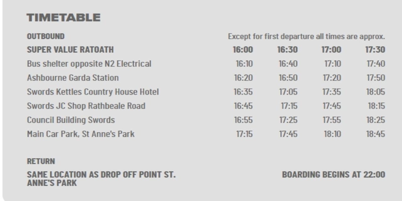 Bus Transport Timetable for St. Anne's Park Concerts