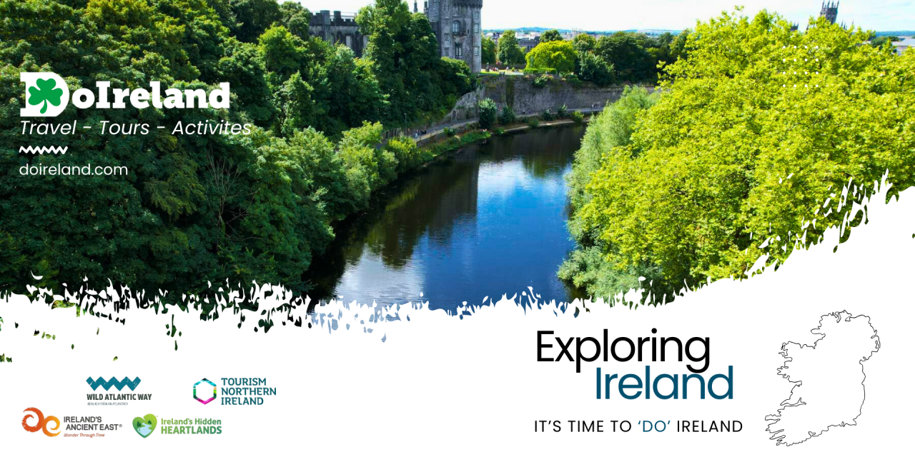Photo of a lake surrounded by greenery. Boat floating under bridge. Outline of Ireland featured in bottom right with text 