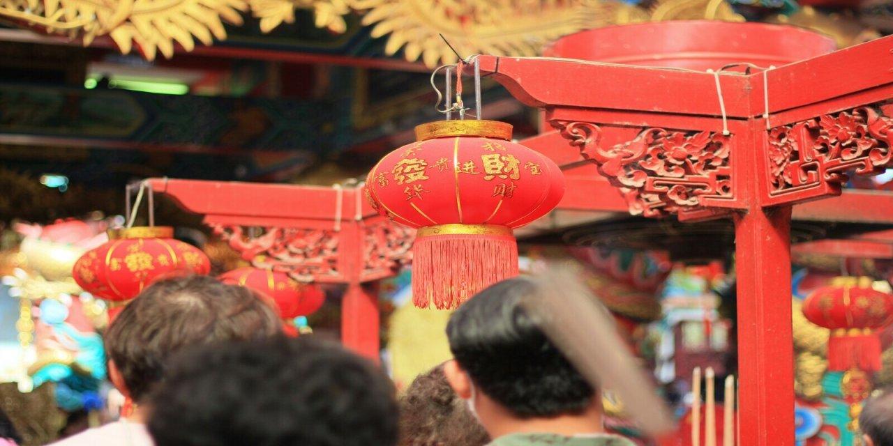 red traditional lunar decoration hanging in the street