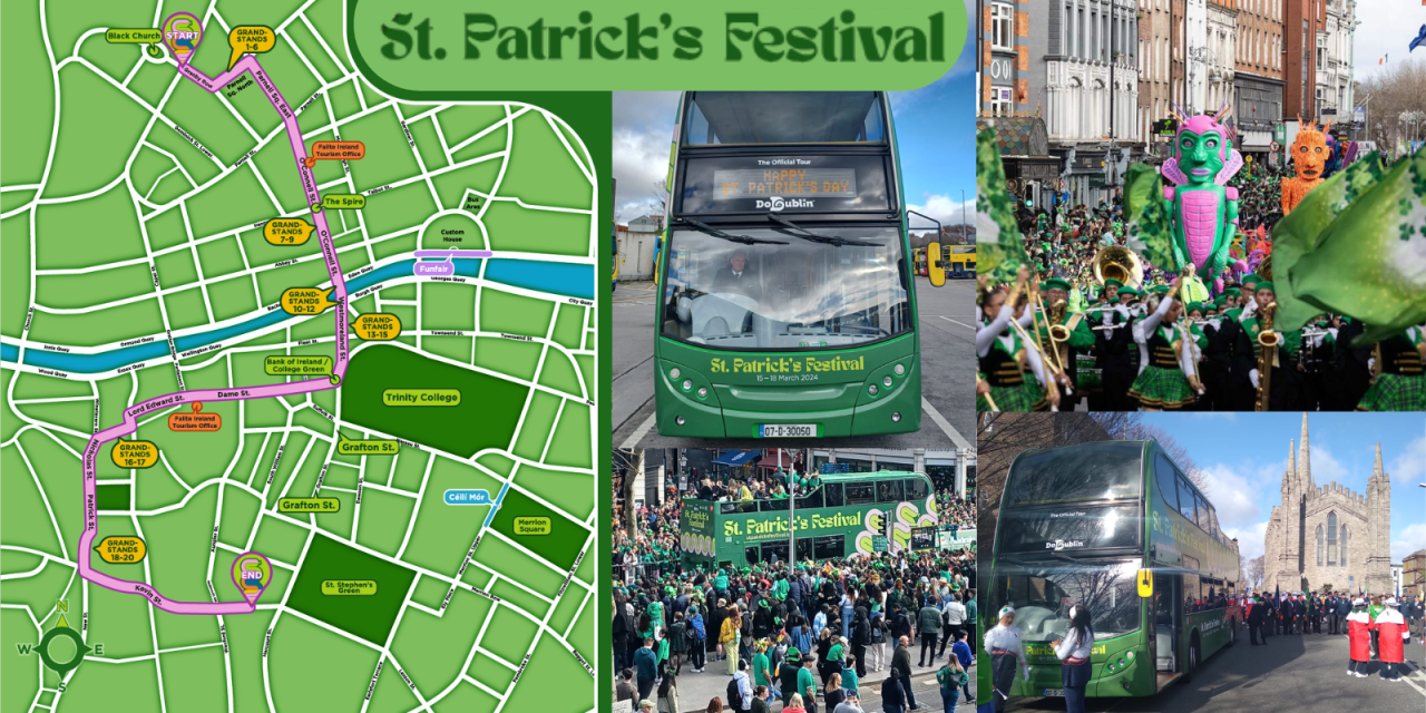 Photo collageof Dublin city map in bright green. Multiple images of DoDublin green bus in the St.Patrick's Day parade. 