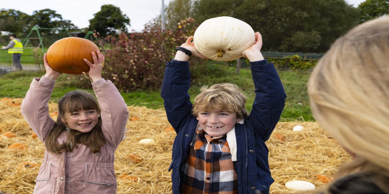 children holding pumpkins above their heads