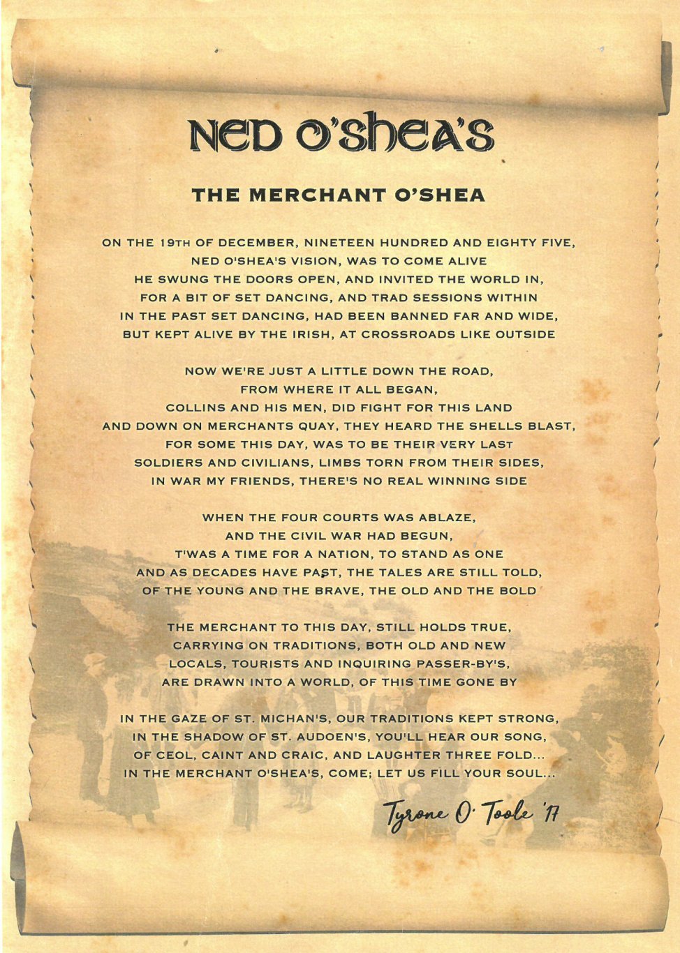 DoDublin's Bus guide/driver and poet Tyrone's poem on the Ned O'Shea's pub.