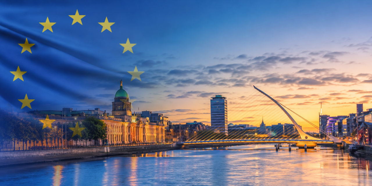 image of dublin city with eu flag in background