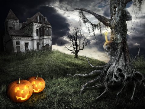 image of old house with lit up pumpkin and old tree