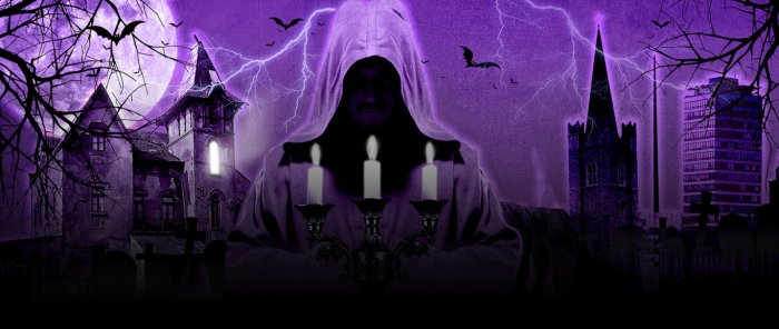 Ghostbus cover image. A silhouette of a ghost holding candles on a purple background. 