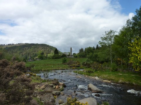 glendalough scene, river and round tower, co. wicklow, irelands ancient east