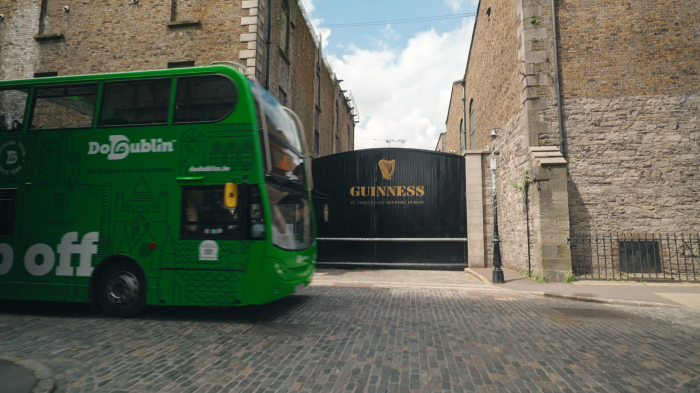 the hop on hop off bus passing the guinness gate 