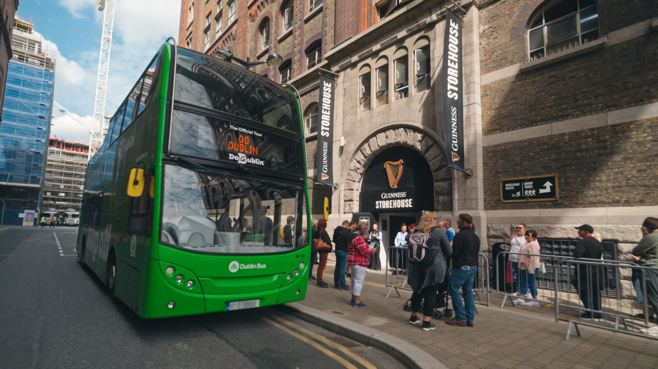 the front of the hop on hop off bus at the guinness storehouse 