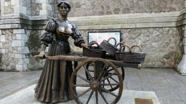 Molly Malone Statue and Cart with St. Andrew Church in background