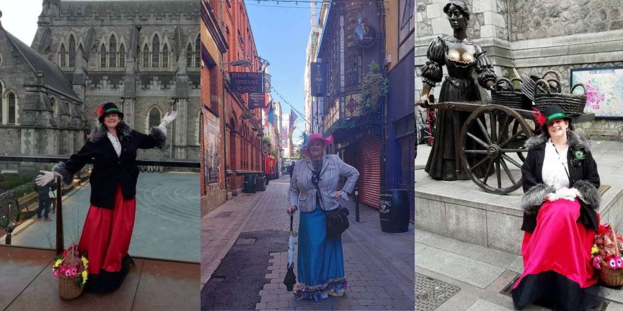 3 picture collage of tour guide posing infront of Dublin Attractions. Woman wearing vibrant red skirt and black blazer. 