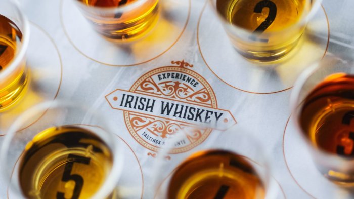 Experience Irish Whiskey tasting on table Experience Irish Whiskey on table with whiskey surrounding it