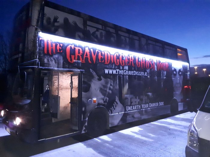 The gravedigger tour bus at night