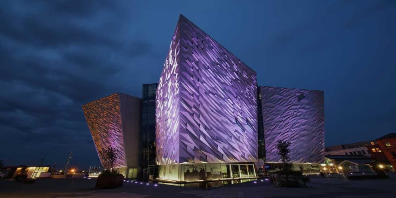 titanic museum lit at night