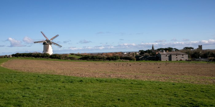 skerries-mills-700 Blue bright skies with Wind mills in the left background. Greenery and hay in the foreground