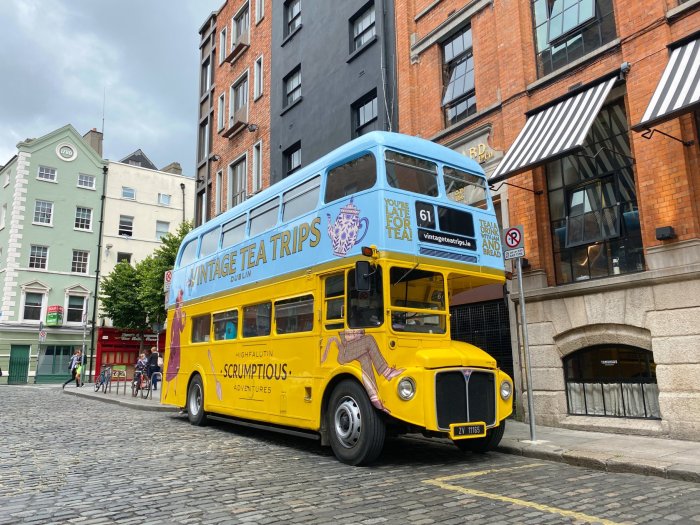 blue and yellow double decker bus 