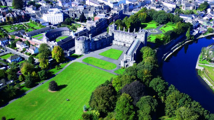 Aerial view of Kilkenny Castle and grounds, kilkenny city, and river nore